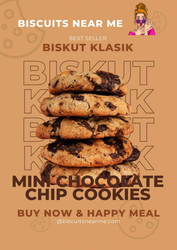 Stack of mini chocolate chip cookies labeled as a best-seller by Biscuits Near Me
